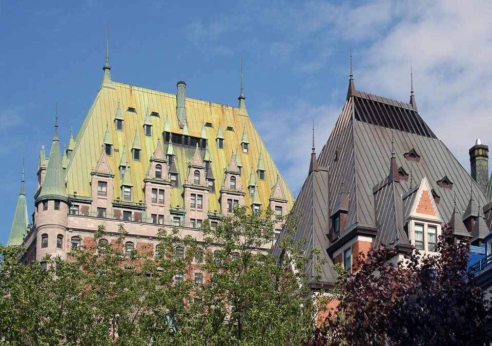 Two of the ornate metal rooftops you will see in Quebec's old city.