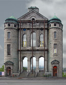 Only the front walls of this church in Quebec are still standing.