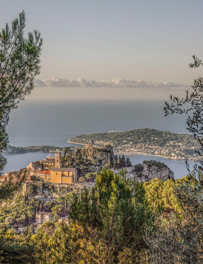 View from La Turbie to Eze Village and the Mediterranean Sea.
