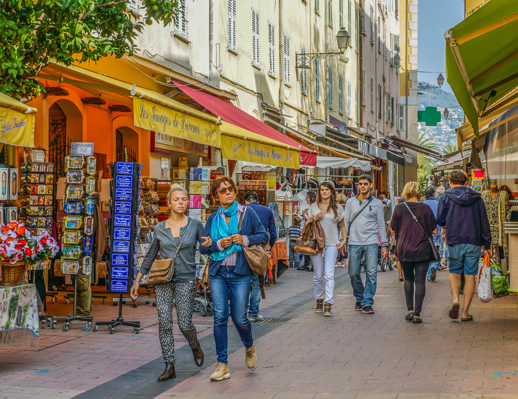 A street in Nice that is typical of shopping in the villages of Provence.