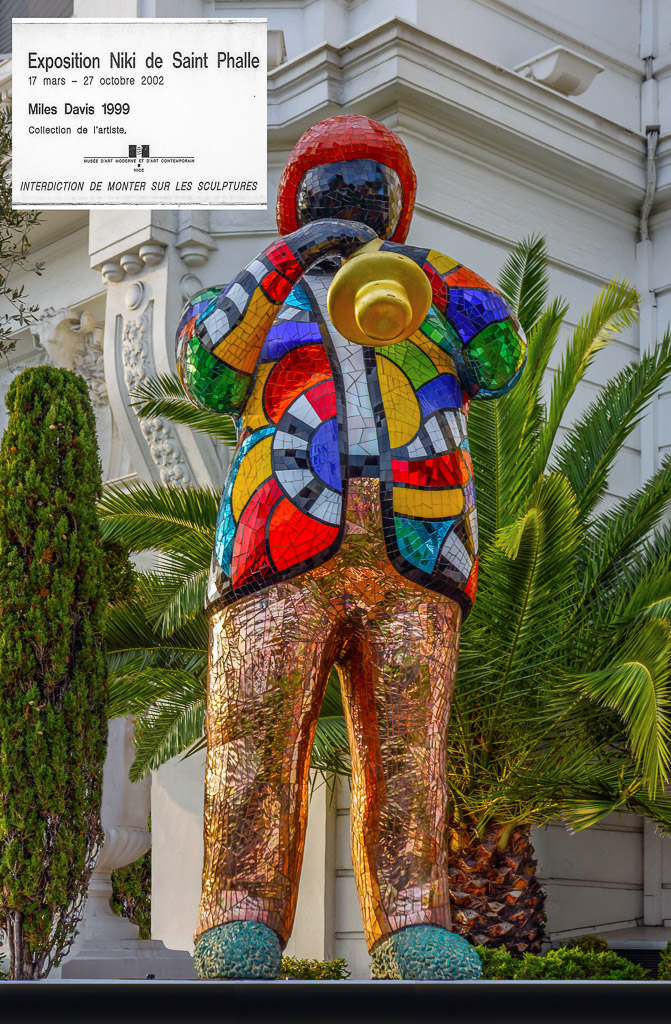 A statue of Miles Davis by Niki de Saint Phalle at the Negresco Hotel In Nice.