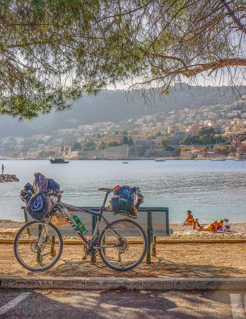 A beautiful and peaceful beach provides a view of Villefranche.
