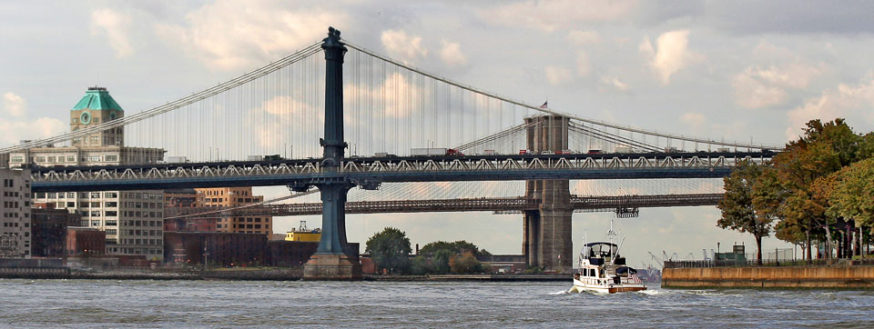 The Manhattan Bridge and Brooklyn Bridge at the lower end of the East River.