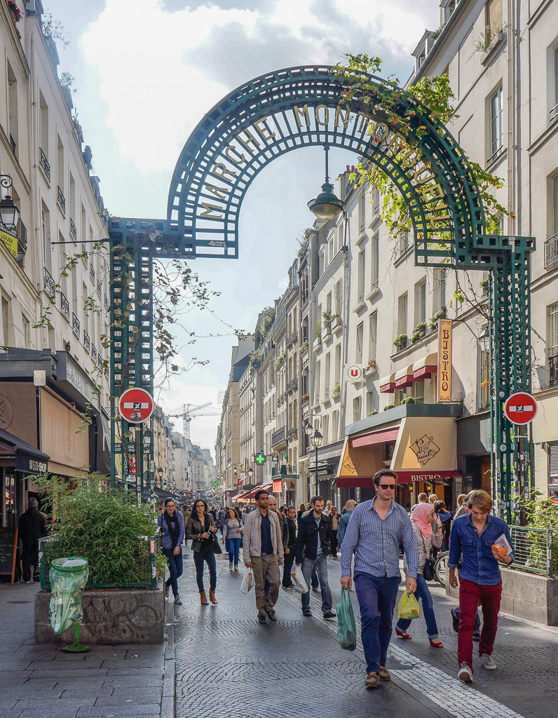 One of many pedestrian streets in Paris where you find lots to tempt the taste buds.