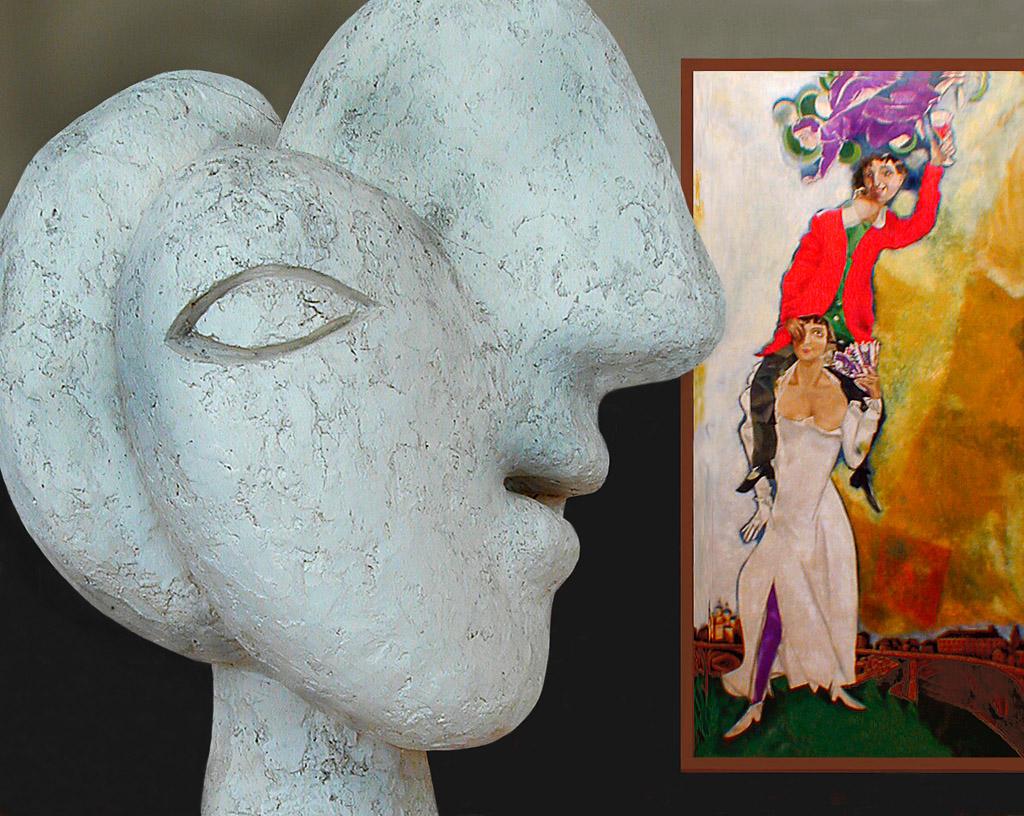 The Picasso sculpture seems to be gazing at the Chagall painting.