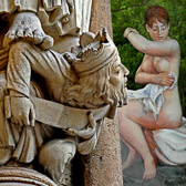 Two sculptures combine to depict  King David gazing upon the bathing  Bathsheba.