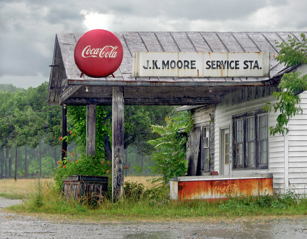 An abandoned gas station in a population shrinking southern town.